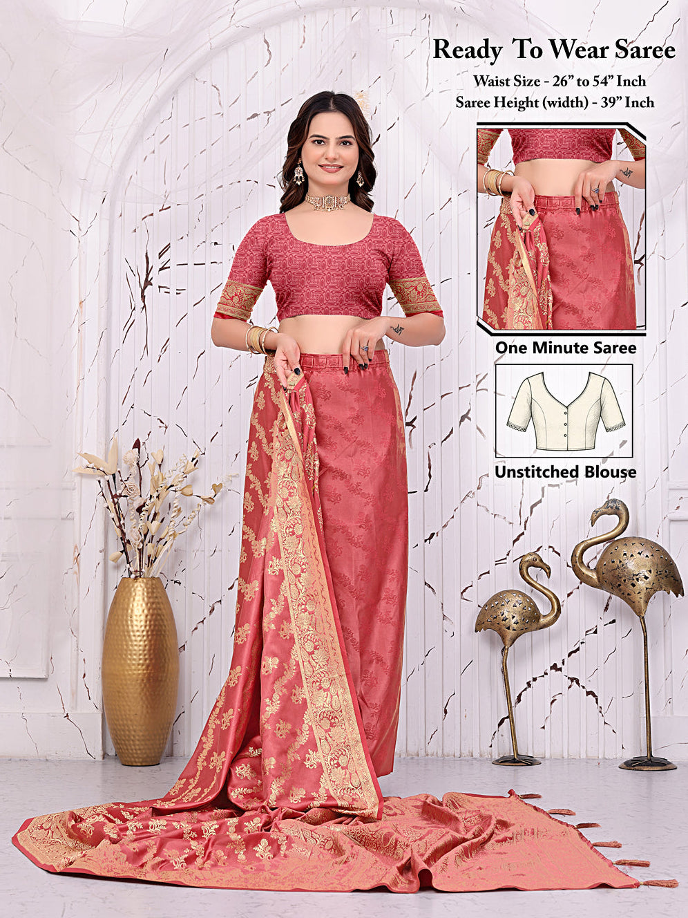 Satin Silk Banarasi Ready-to-Wear Saree with Woven Zari Motifs and Decorative Pallu.