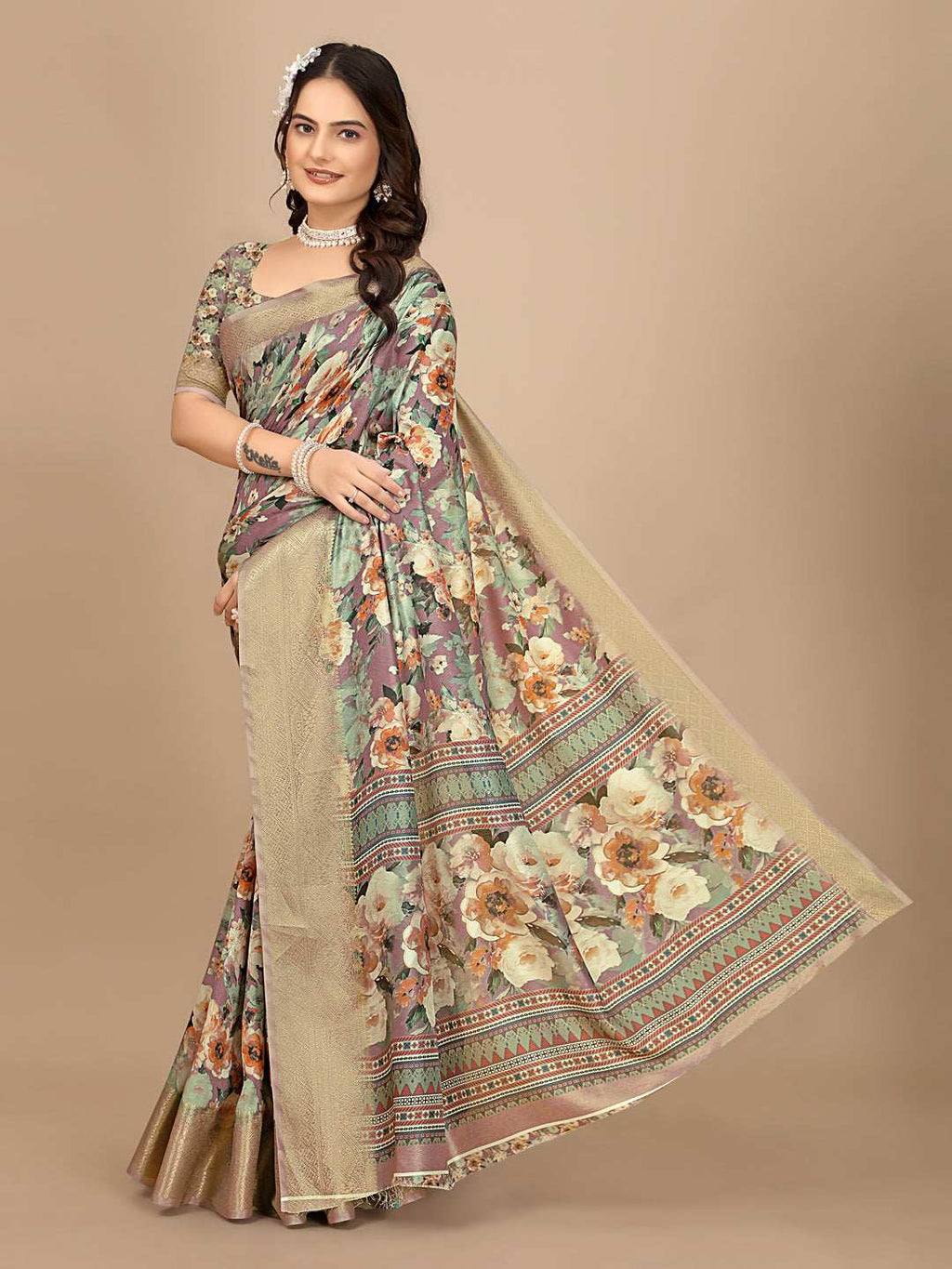 Moss Chiffon Digital Print With Jacquard Border Saree