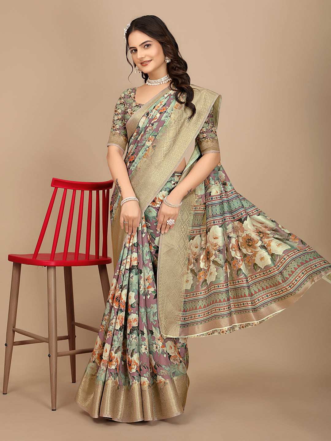 Moss Chiffon Digital Print With Jacquard Border Saree
