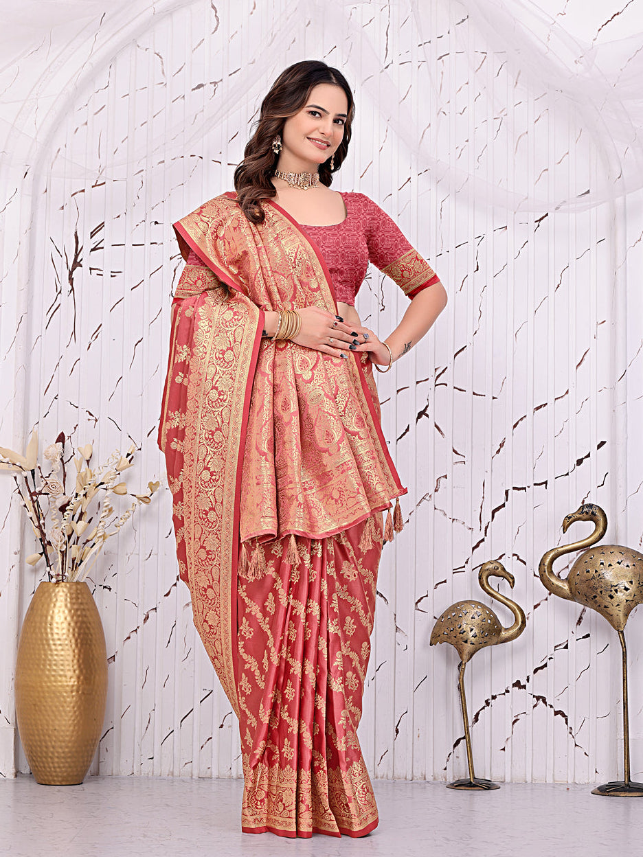 Satin Silk Banarasi Ready-to-Wear Saree with Woven Zari Motifs and Decorative Pallu.