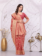 Satin Silk Banarasi Ready-to-Wear Saree with Woven Zari Motifs and Decorative Pallu.