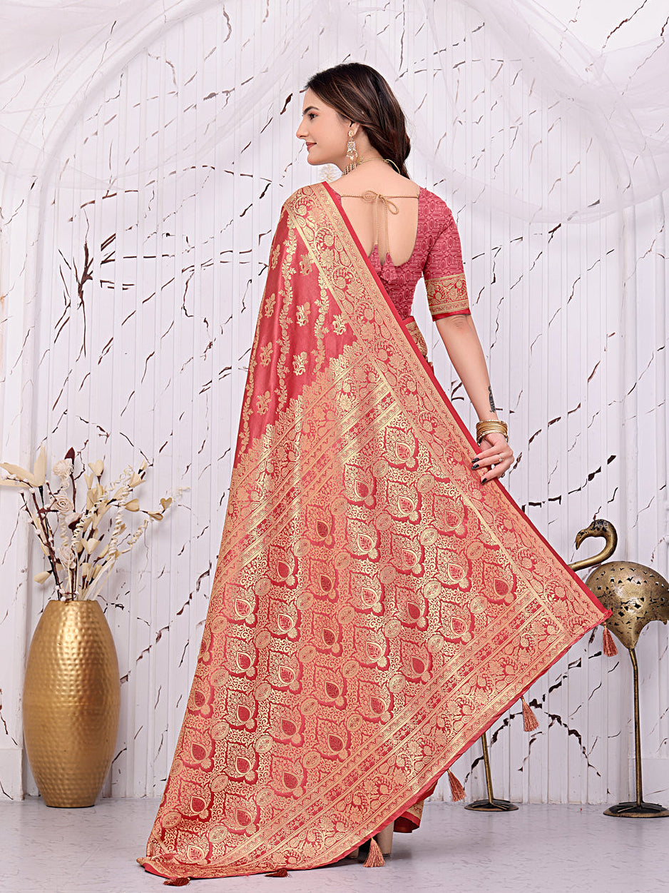 Satin Silk Banarasi Ready-to-Wear Saree with Woven Zari Motifs and Decorative Pallu.