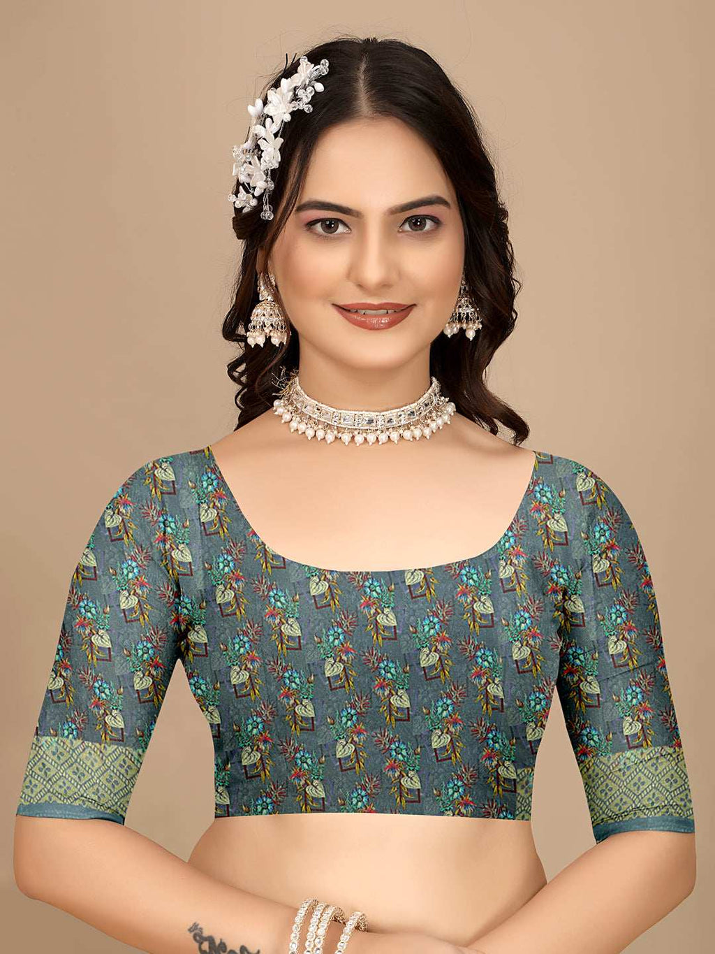 Moss Chiffon Digital Print With Jacquard Border Saree