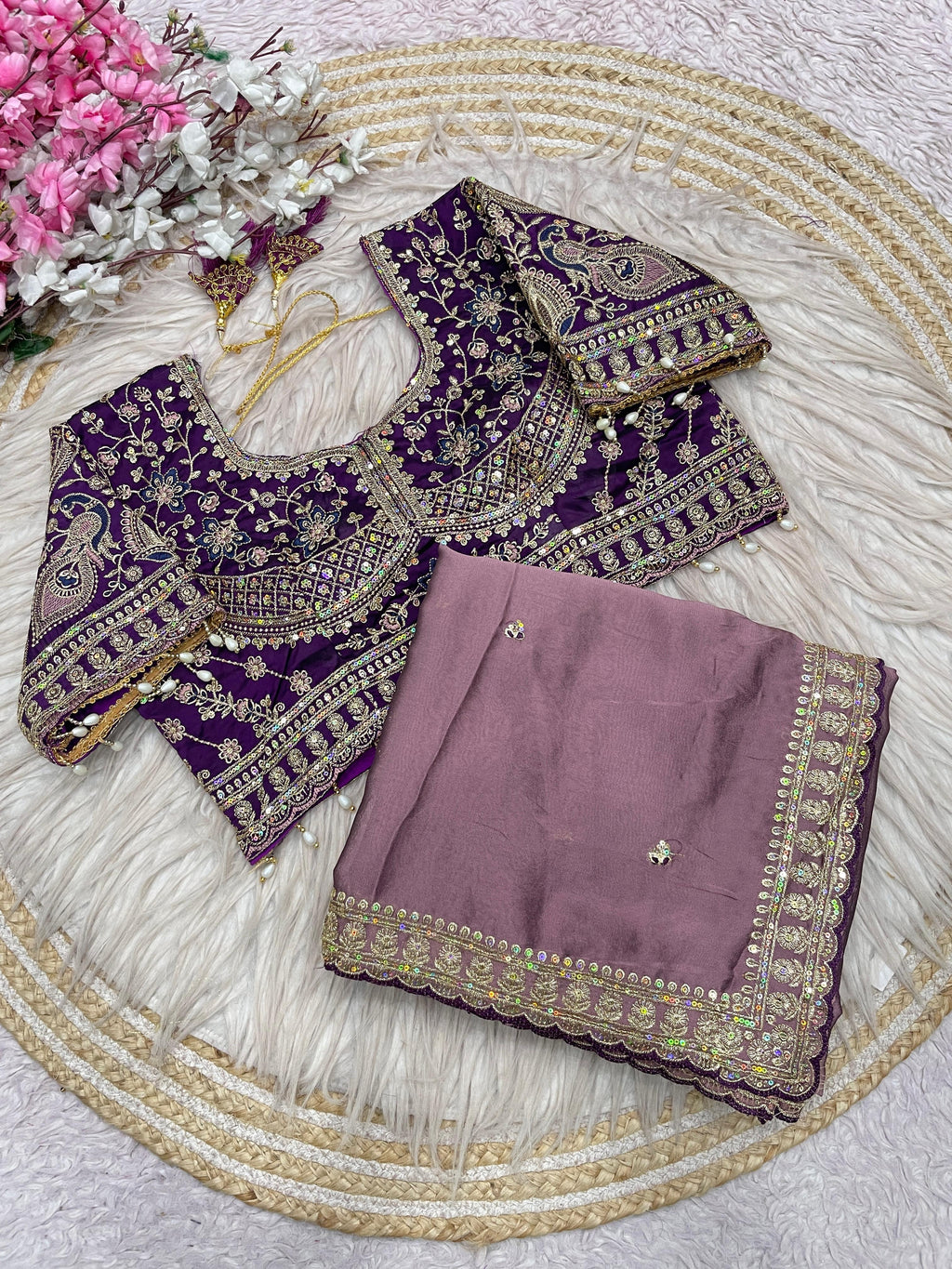 Rangoli Silk Saree with Sequins Embroidery Work & Stitched Blouse