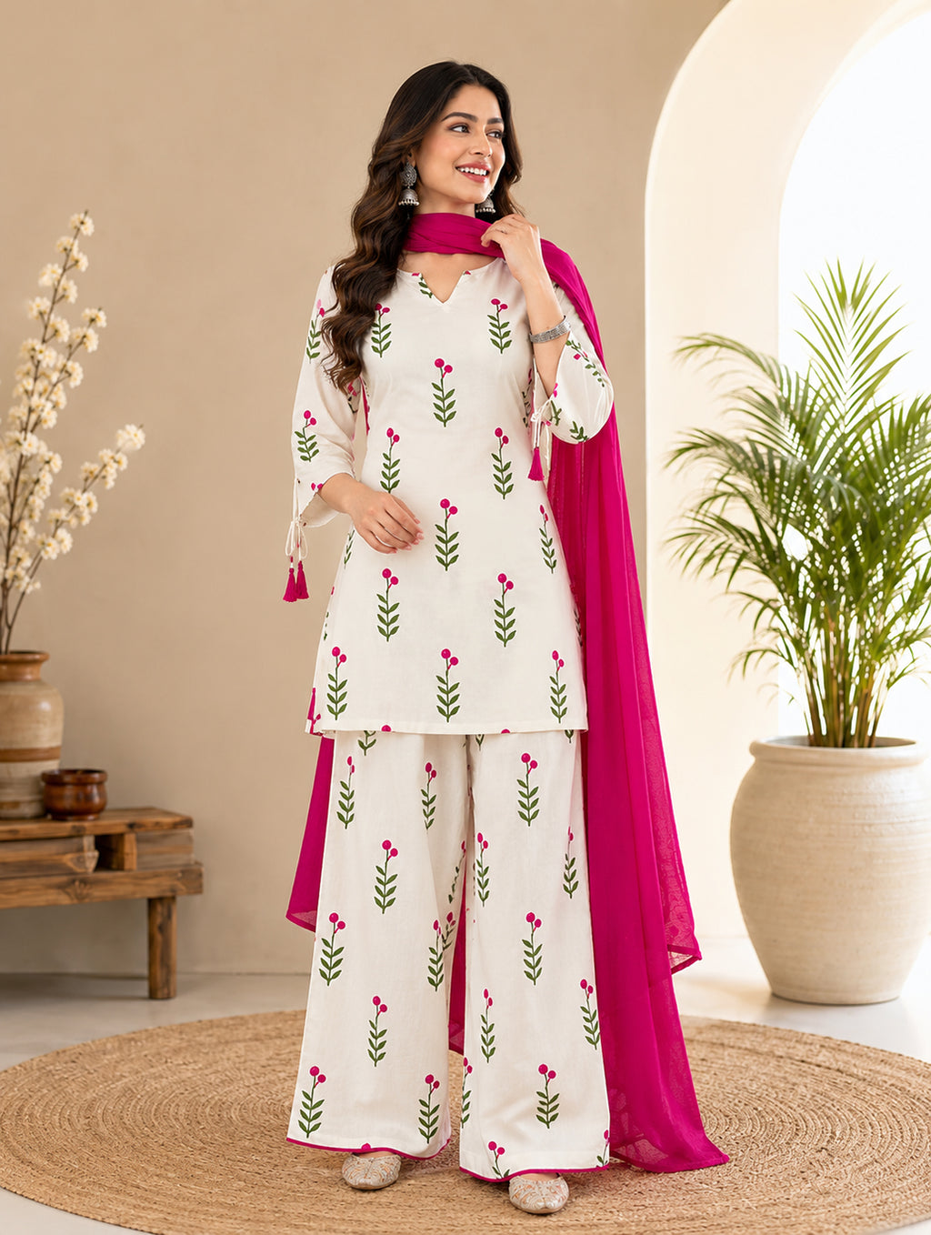 White Printed Cotton Kurta and Patiyala Set with Dupatta