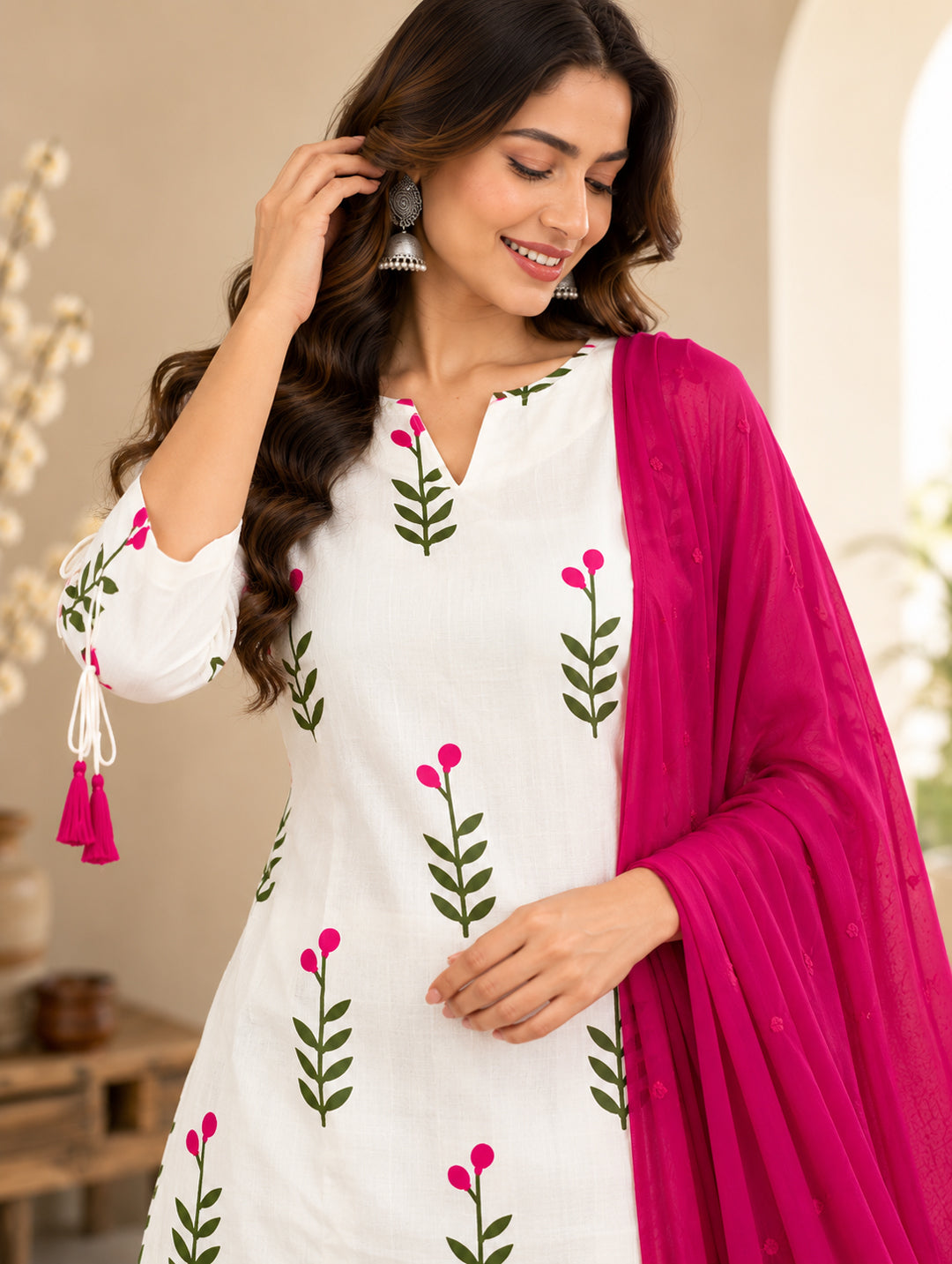 White Printed Cotton Kurta and Patiyala Set with Dupatta