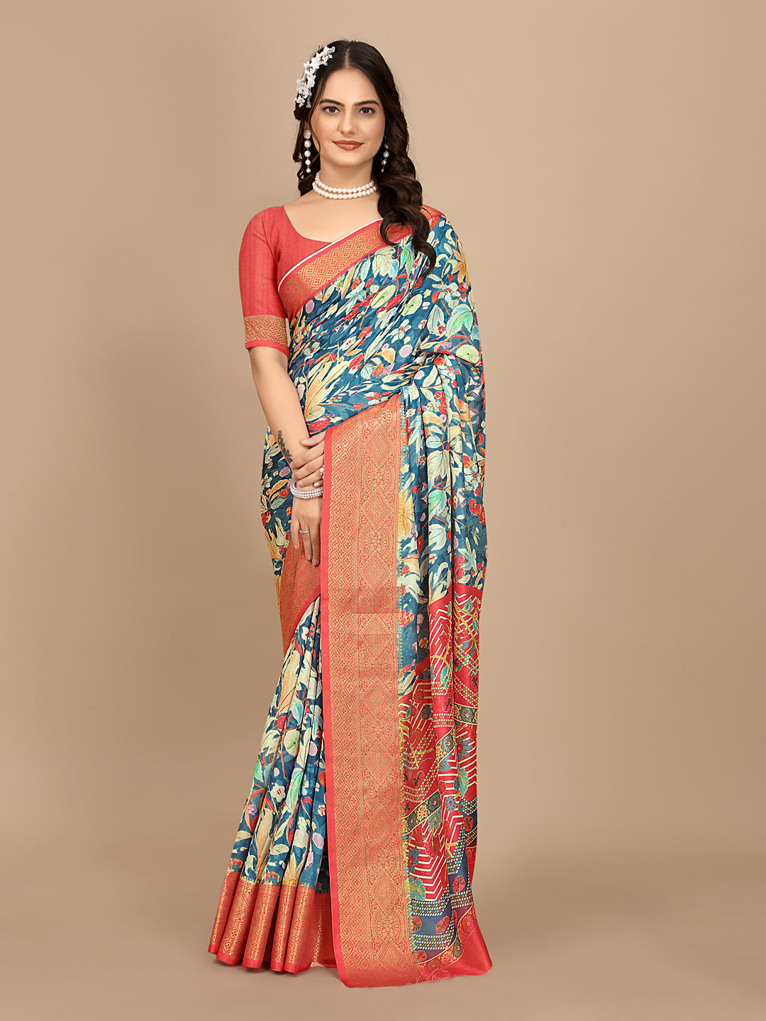 Moss Chiffon Digital Print Woven Border Saree