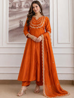 Embroidery Vichitra Silk Anarkali Kurta Pant Set With Dupatta