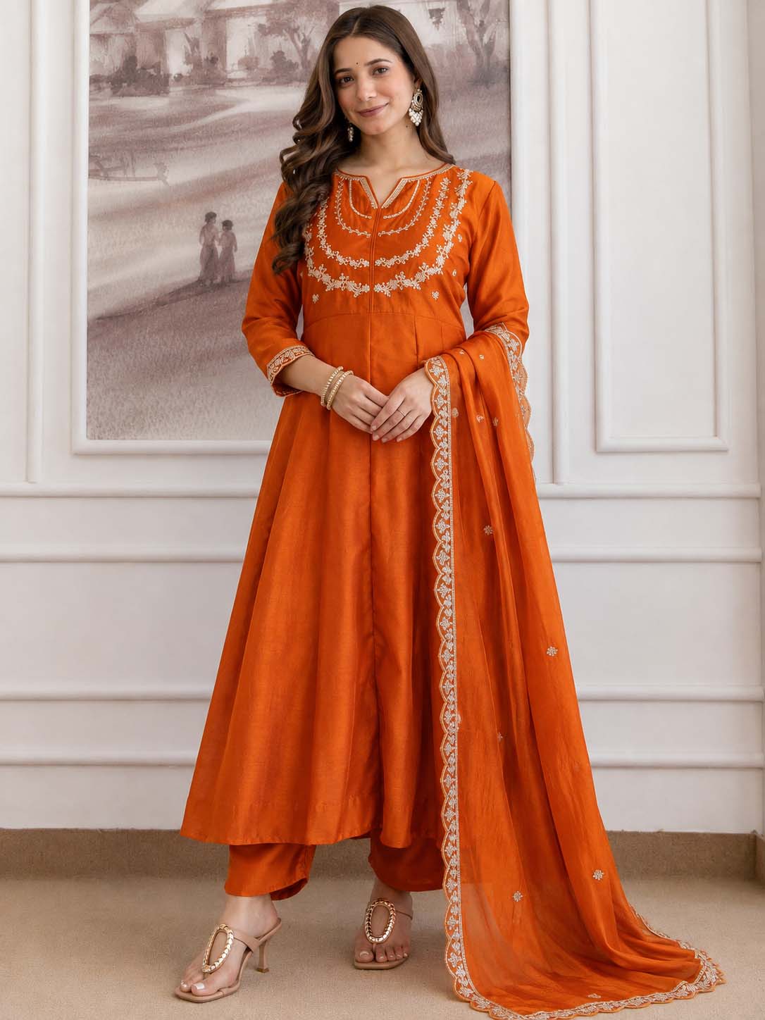 Embroidery Vichitra Silk Anarkali Kurta Pant Set With Dupatta