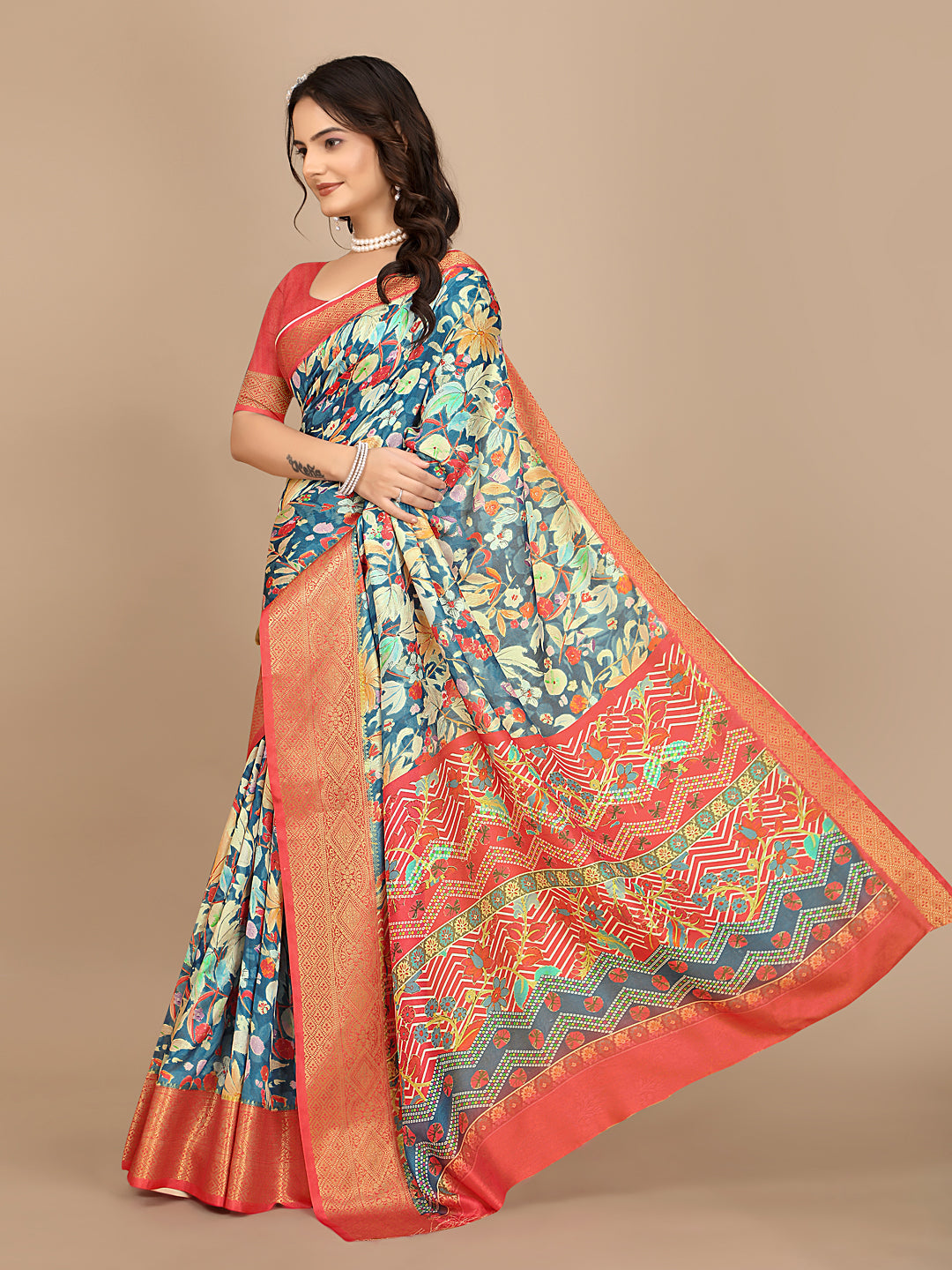 Moss Chiffon Digital Print Woven Border Saree