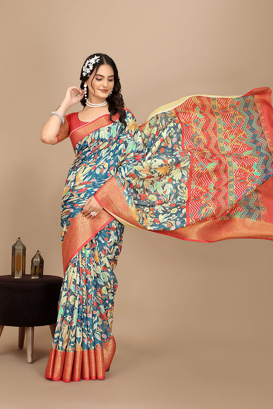 Moss Chiffon Digital Print Woven Border Saree