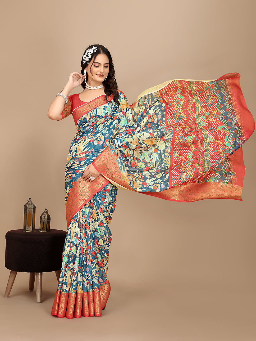 Moss Chiffon Digital Print Woven Border Saree