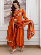 Embroidery Vichitra Silk Anarkali Kurta Pant Set With Dupatta