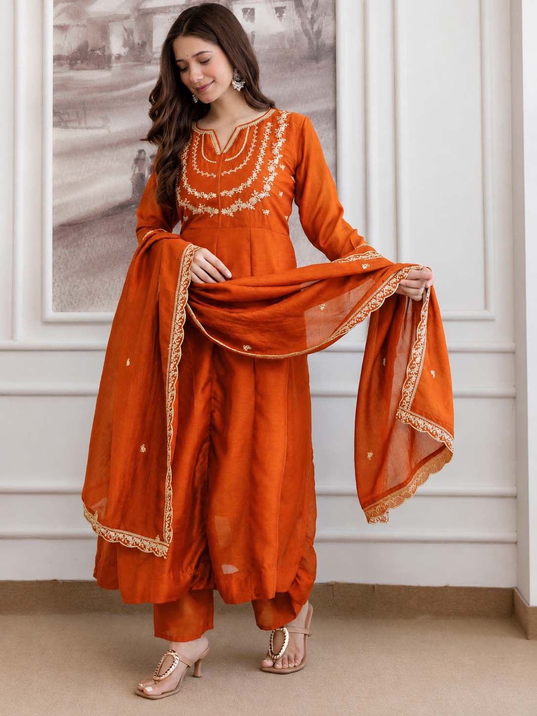 Embroidery Vichitra Silk Anarkali Kurta Pant Set With Dupatta