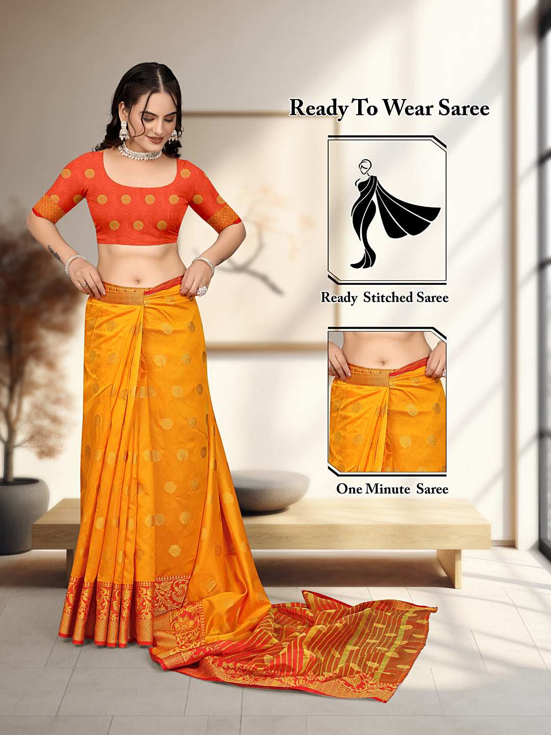 Ready To Wear Cotton Silk Woven Zari Jacquard Banarasi Traditional Saree