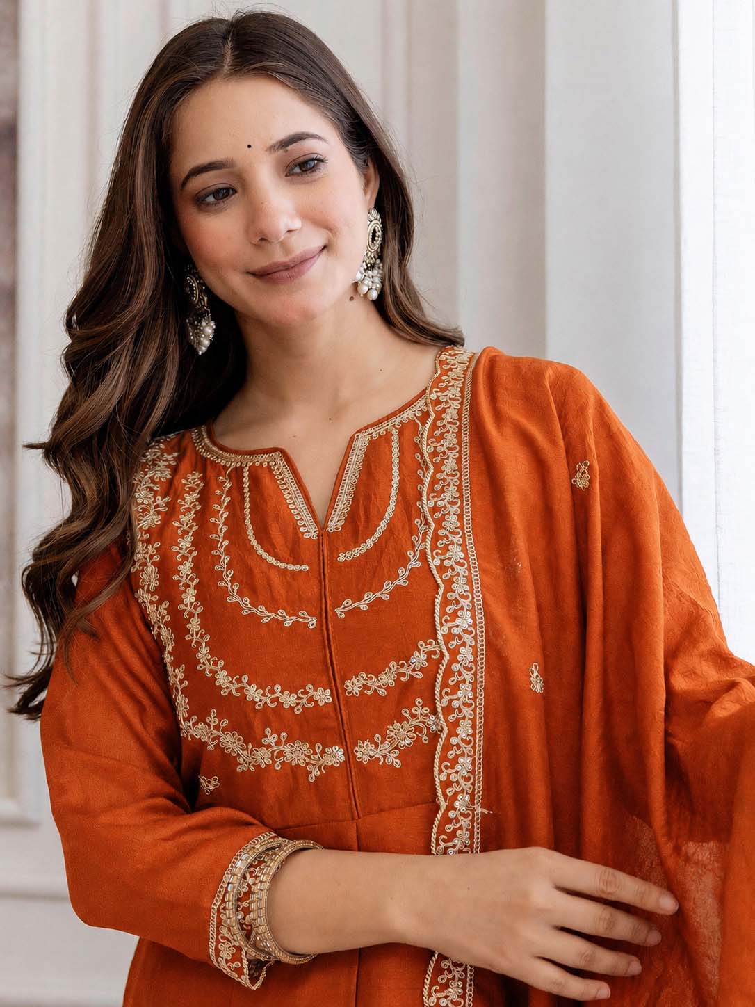 Embroidery Vichitra Silk Anarkali Kurta Pant Set With Dupatta