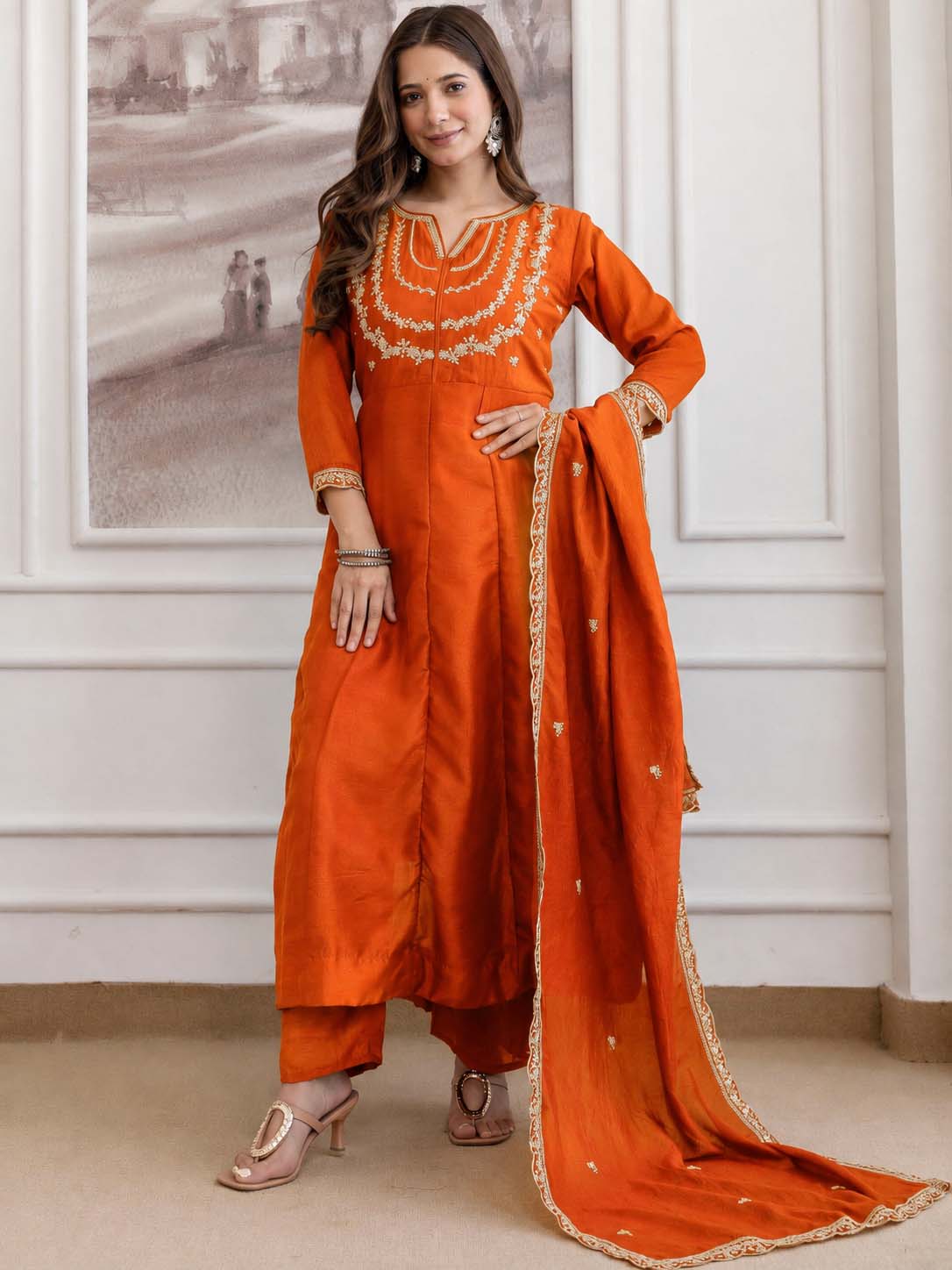 Embroidery Vichitra Silk Anarkali Kurta Pant Set With Dupatta