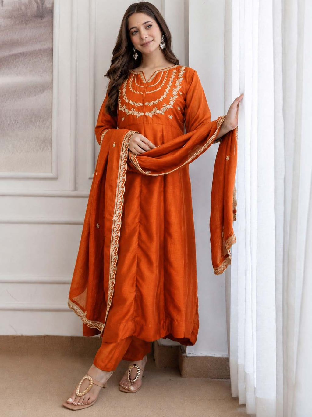 Embroidery Vichitra Silk Anarkali Kurta Pant Set With Dupatta