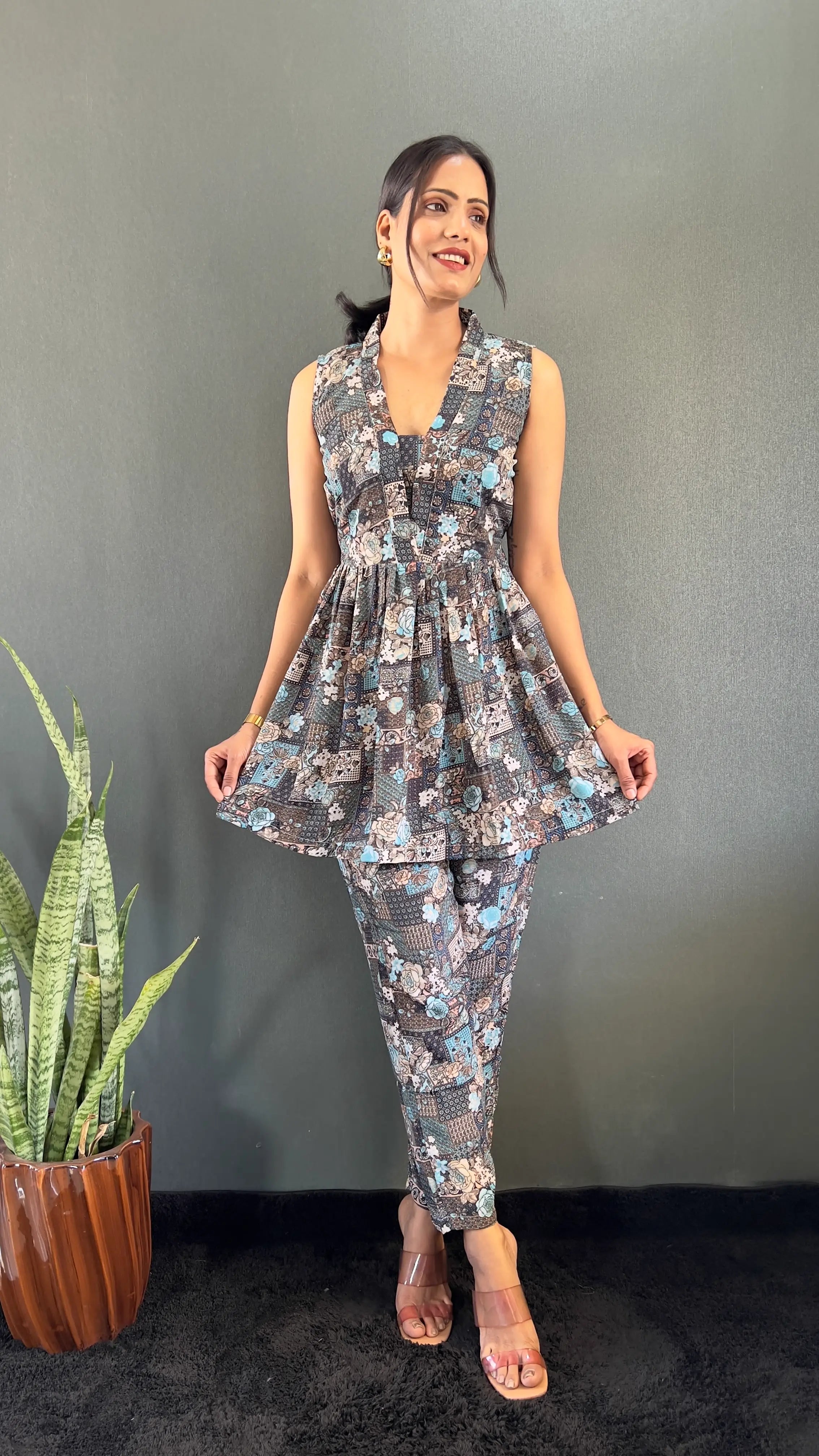 Printed V-Neck Co Ord Sets For Office Wear