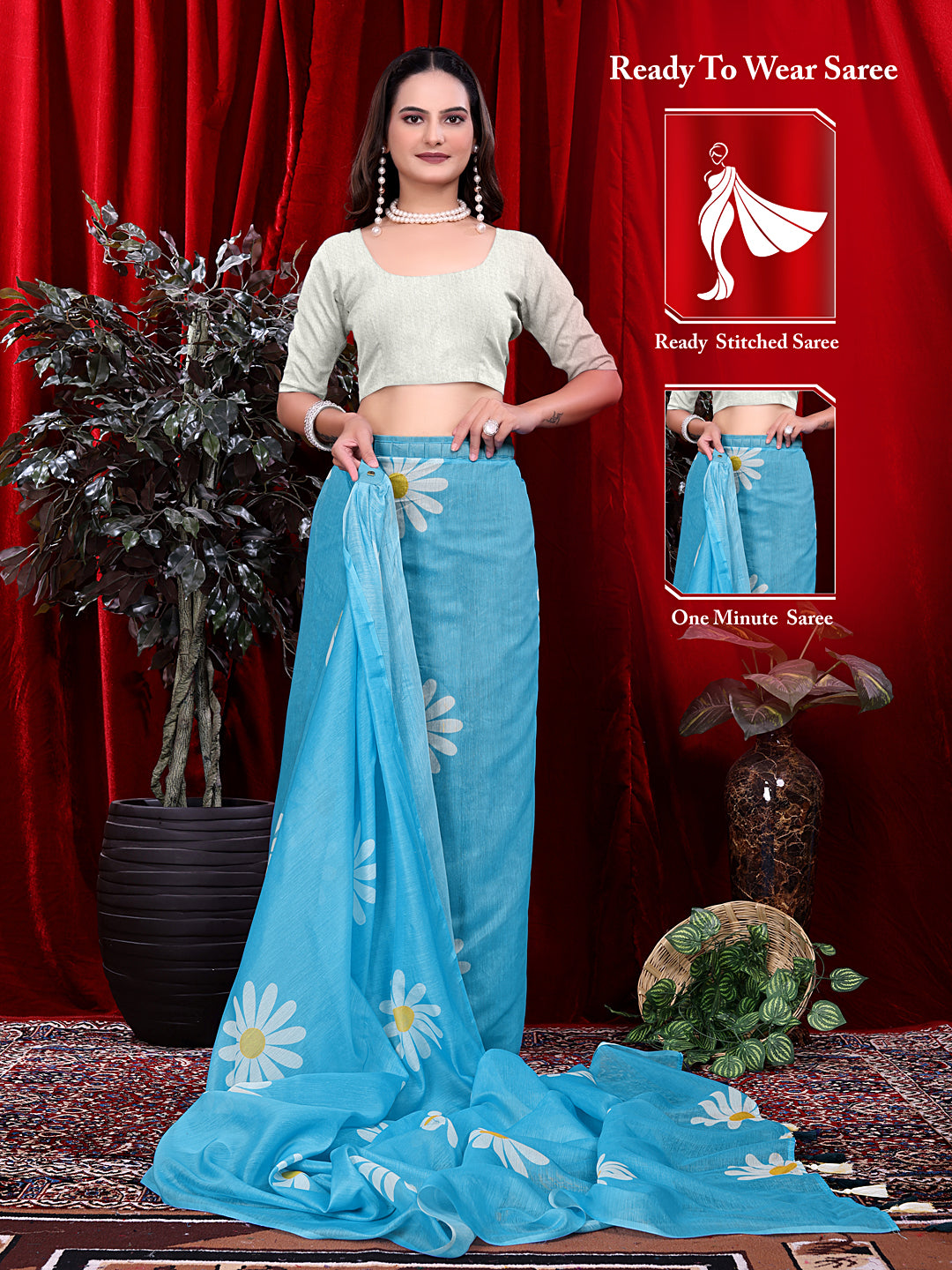 Ready To Wear Floral Print Handloom Pure Linen Saree