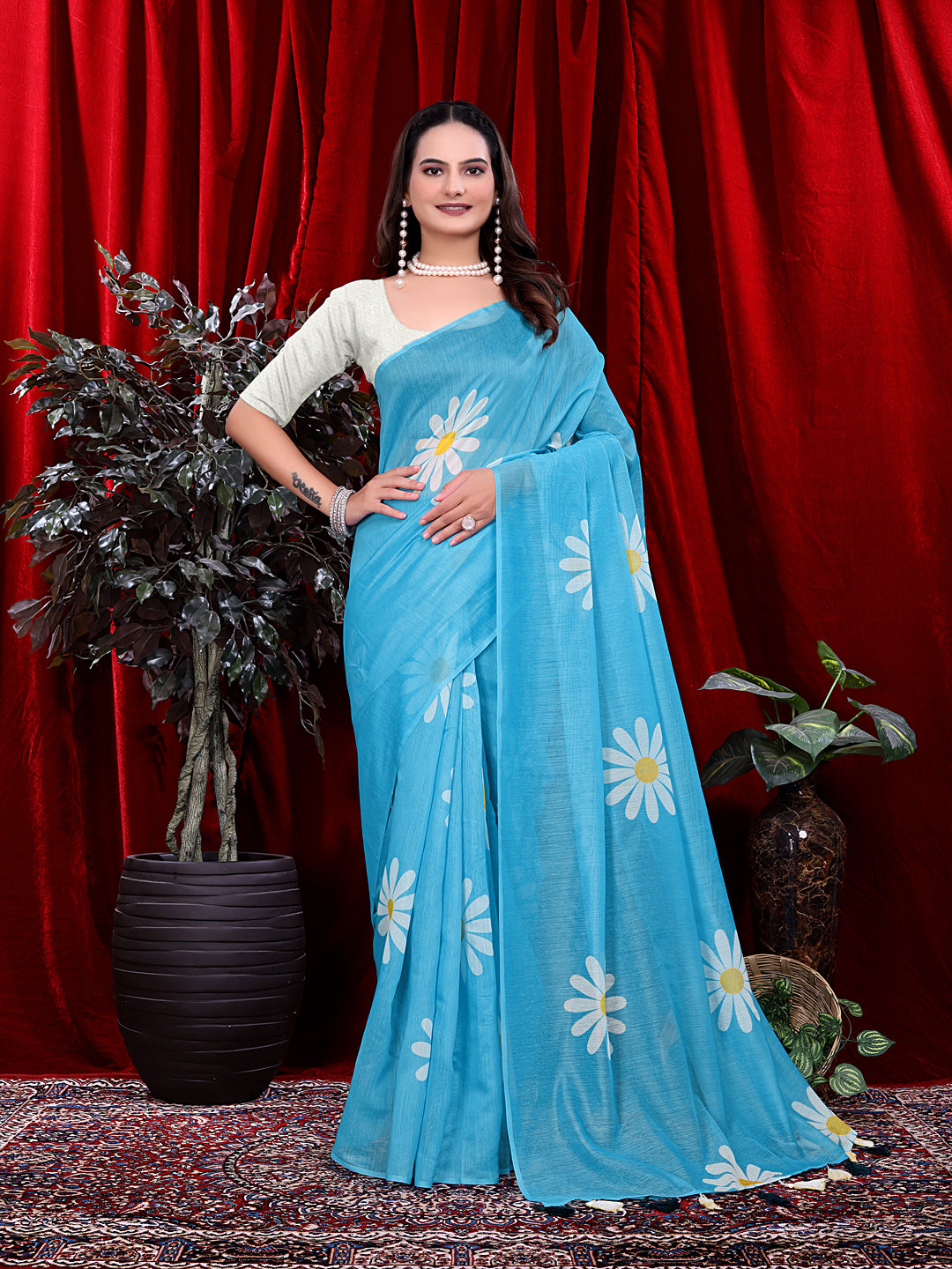 Ready To Wear Floral Print Handloom Pure Linen Saree