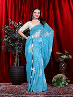Ready To Wear Floral Print Handloom Pure Linen Saree
