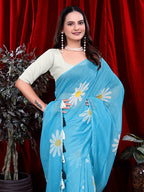 Ready To Wear Floral Print Handloom Pure Linen Saree