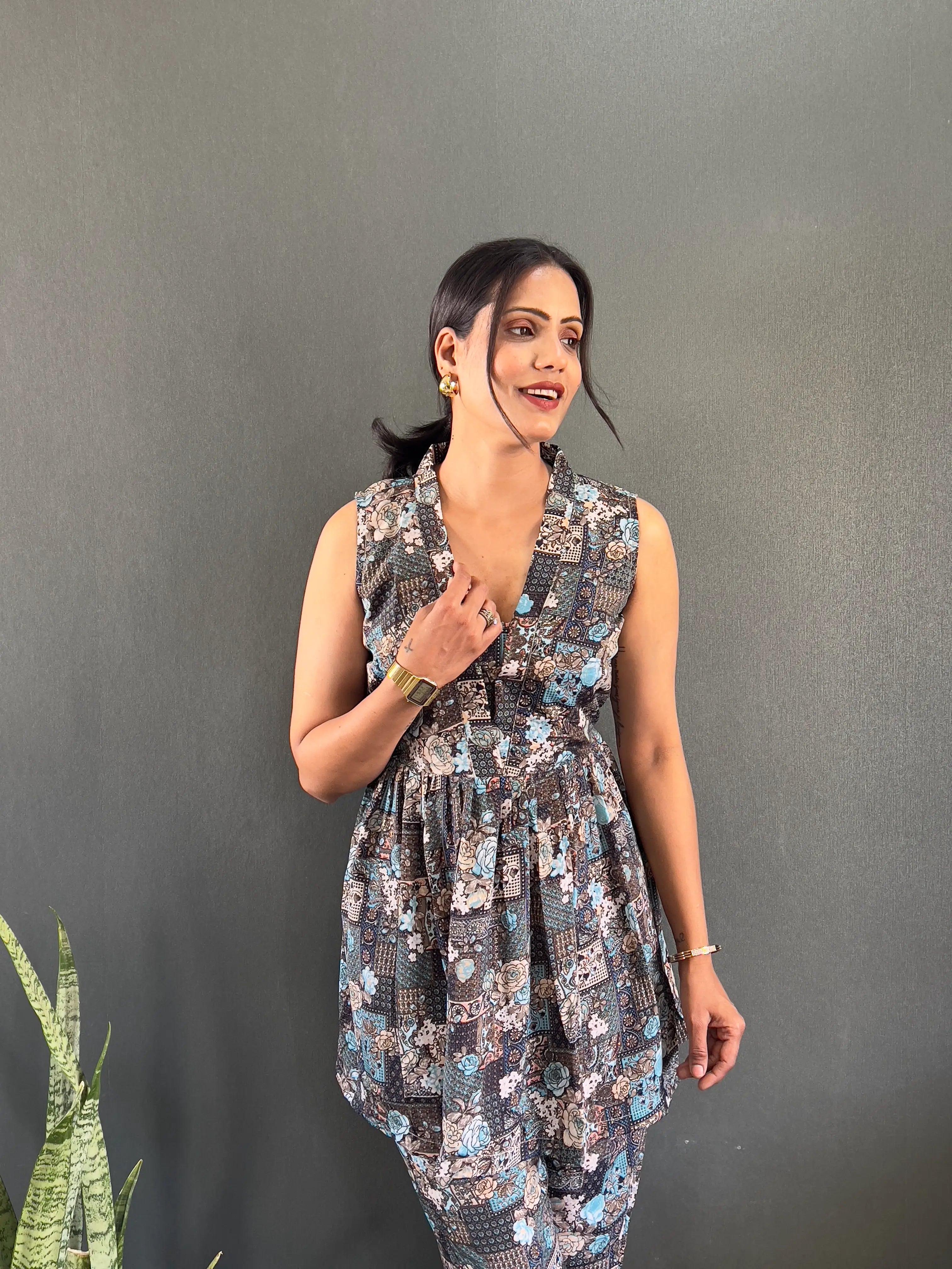 Printed V-Neck Co Ord Sets For Office Wear