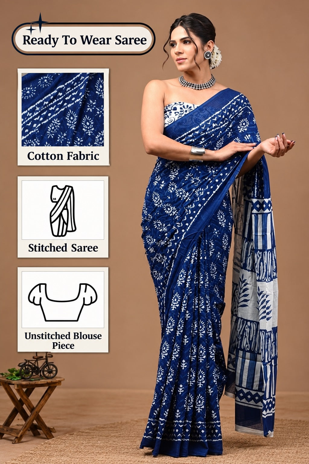 Women’s Mul Cotton Ready To Wear Saree with Floral Printed Pattern
