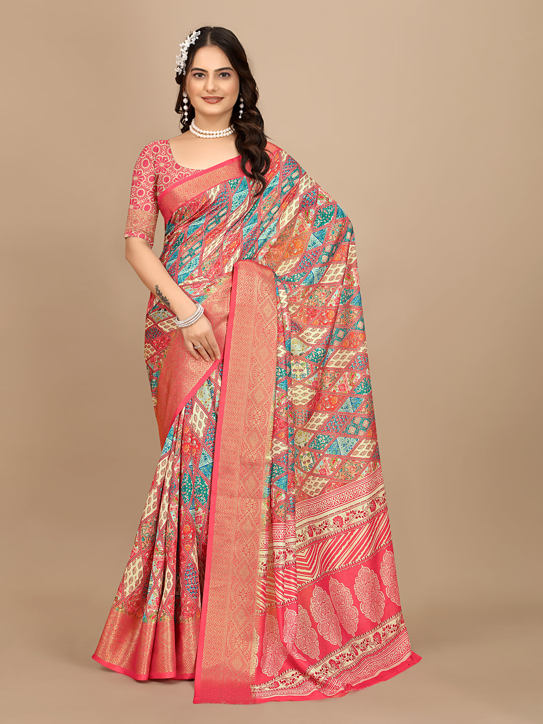 Moss Chiffon Digital Print Woven Border Saree