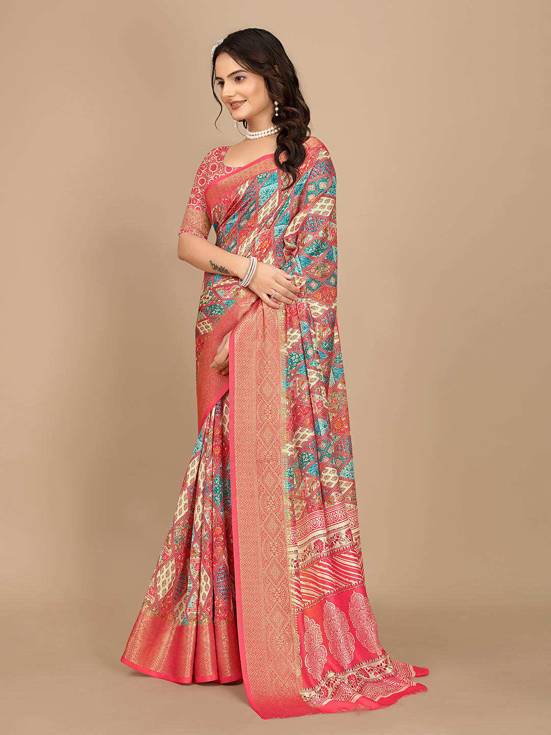 Moss Chiffon Digital Print Woven Border Saree