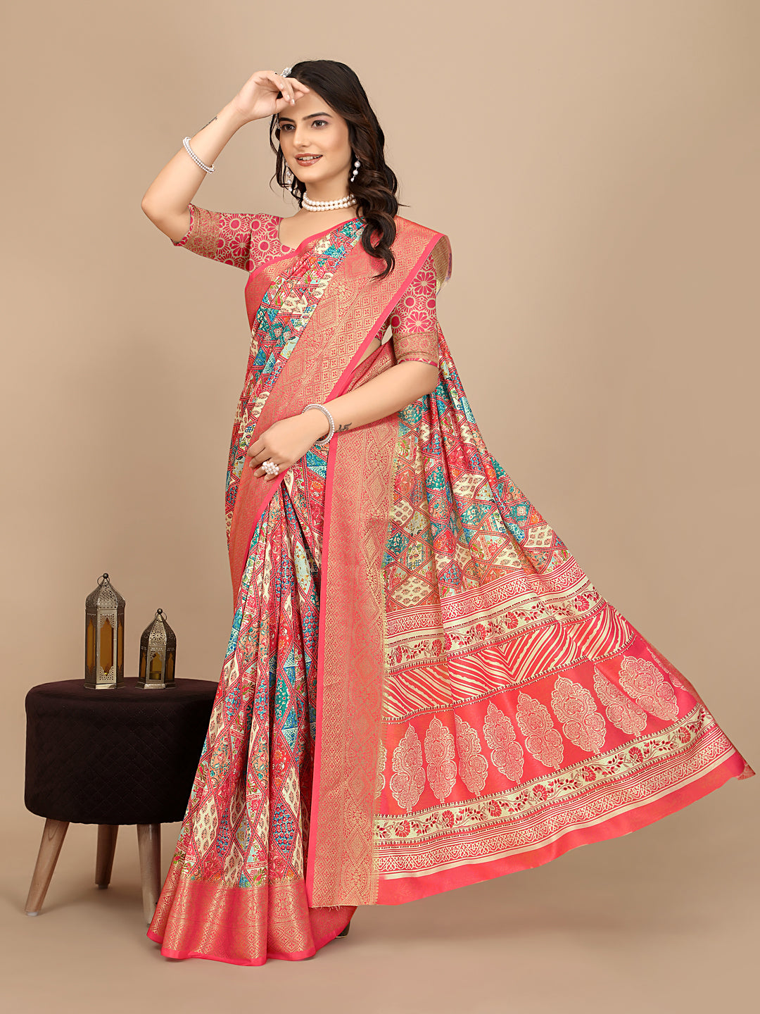 Moss Chiffon Digital Print Woven Border Saree