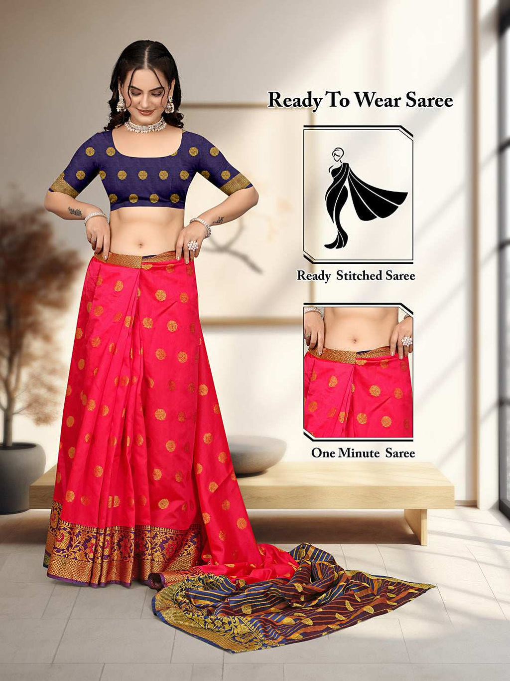 Ready To Wear Cotton Silk Woven Zari Jacquard Banarasi Traditional Saree