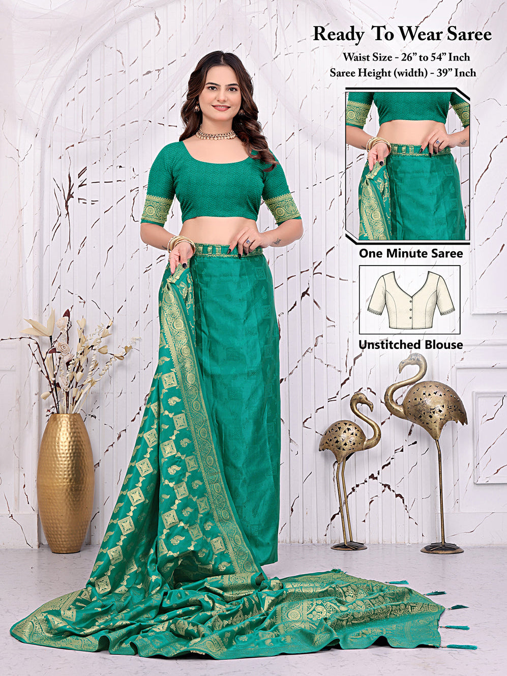 Banarasi Ready-to-Wear Saree with Traditional Woven Zari Motifs and Decorative Pallu.