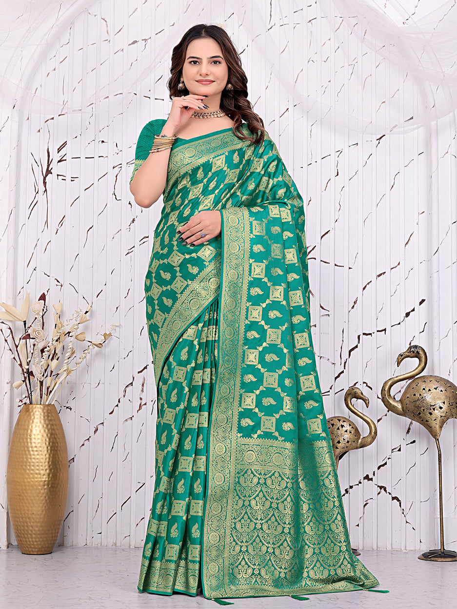 Banarasi Ready-to-Wear Saree with Traditional Woven Zari Motifs and Decorative Pallu.