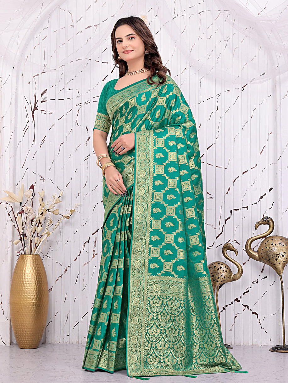 Banarasi Ready-to-Wear Saree with Traditional Woven Zari Motifs and Decorative Pallu.