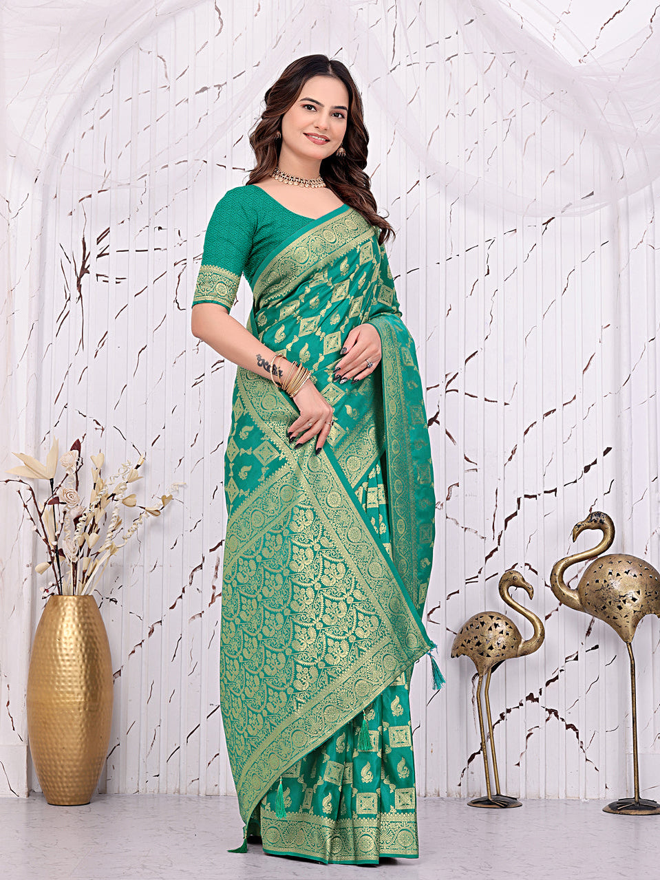 Banarasi Ready-to-Wear Saree with Traditional Woven Zari Motifs and Decorative Pallu.