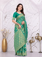 Banarasi Ready-to-Wear Saree with Traditional Woven Zari Motifs and Decorative Pallu.