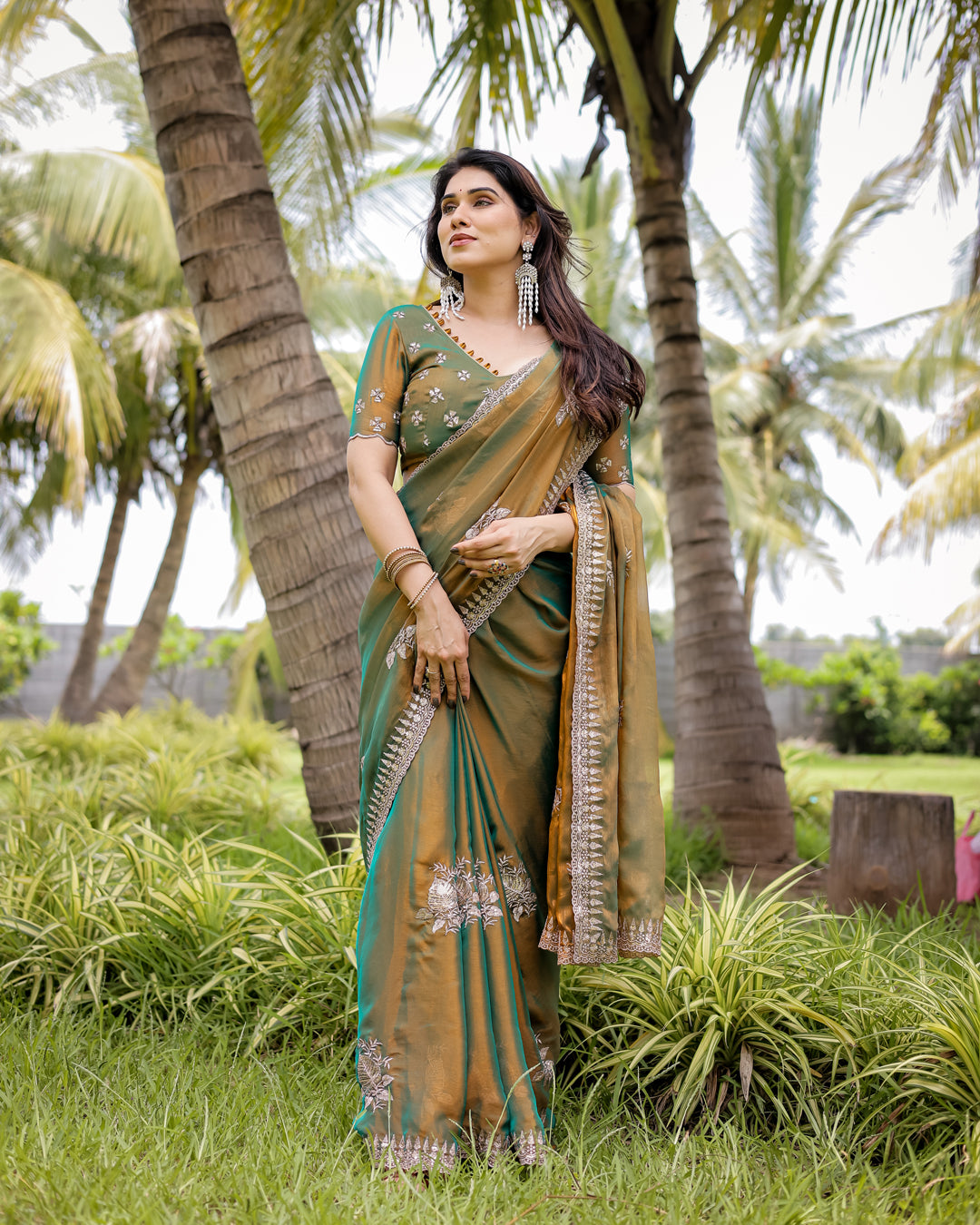 Two-Tone Tussar Silk Saree in Gold & Rama Green with Thread Embroidered Leaf Motifs