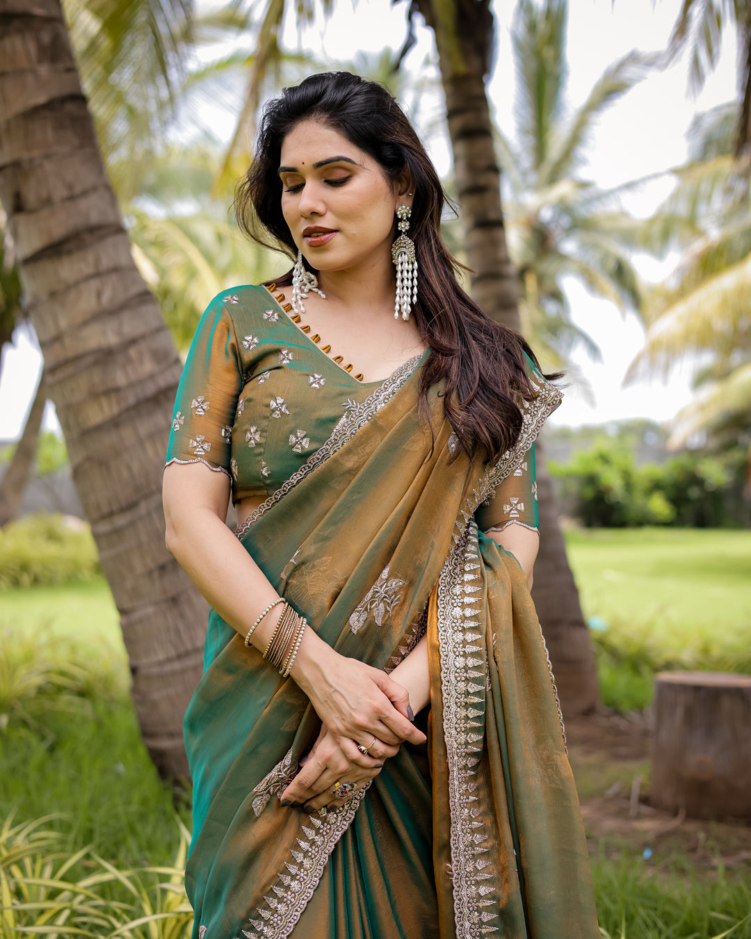 Two-Tone Tussar Silk Saree in Gold & Rama Green with Thread Embroidered Leaf Motifs