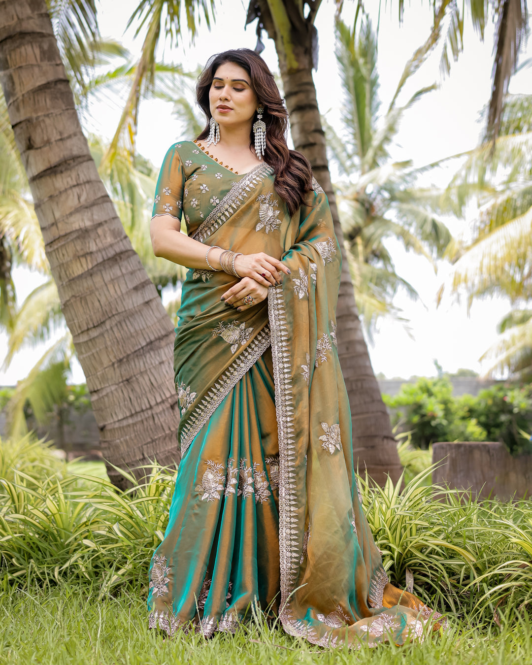 Two-Tone Tussar Silk Saree in Gold & Rama Green with Thread Embroidered Leaf Motifs