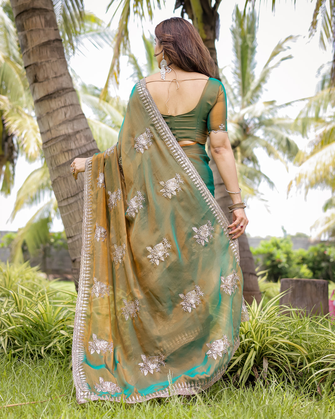 Two-Tone Tussar Silk Saree in Gold & Rama Green with Thread Embroidered Leaf Motifs