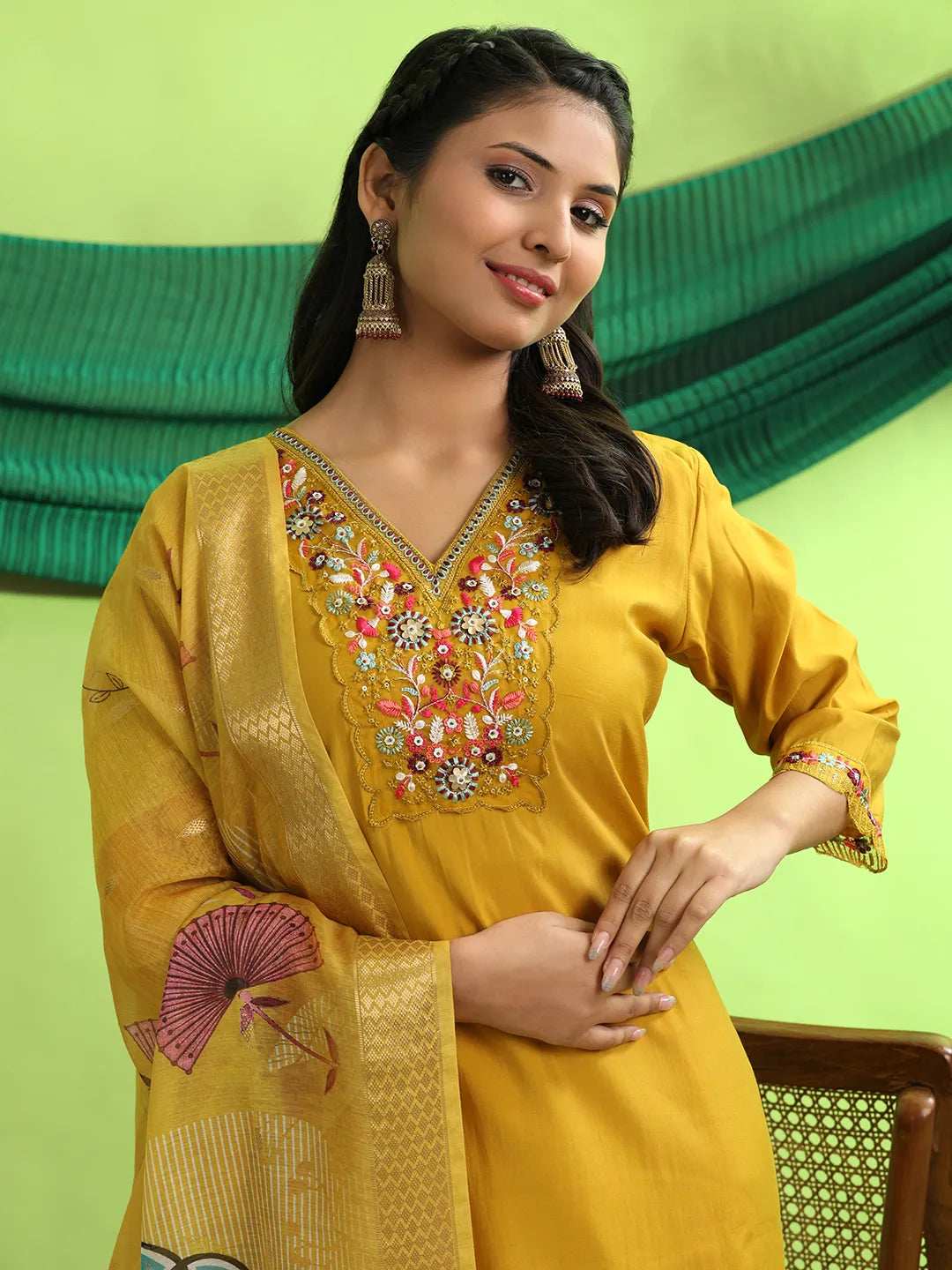 Roman Silk Embroidery Hand Work Kurta Pant Set With Dupatta