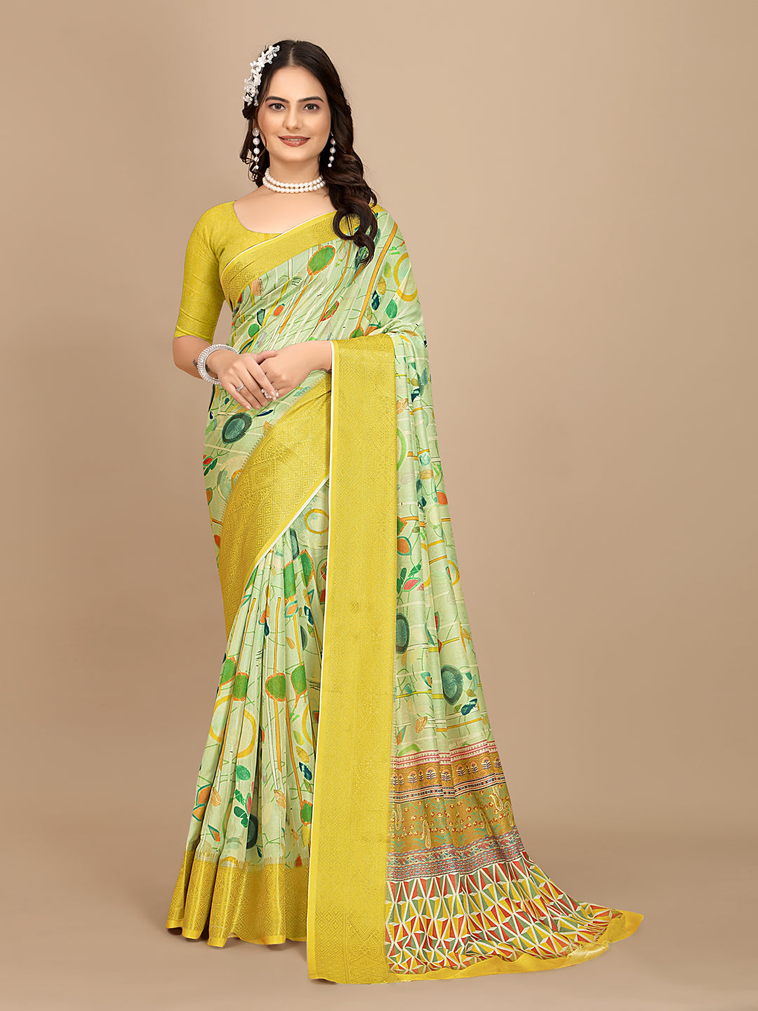 Moss Chiffon Digital Print Woven Border Saree