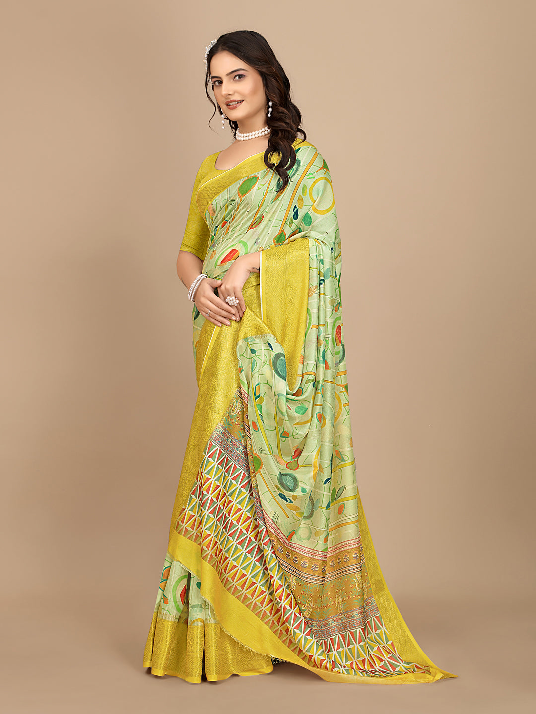 Moss Chiffon Digital Print Woven Border Saree