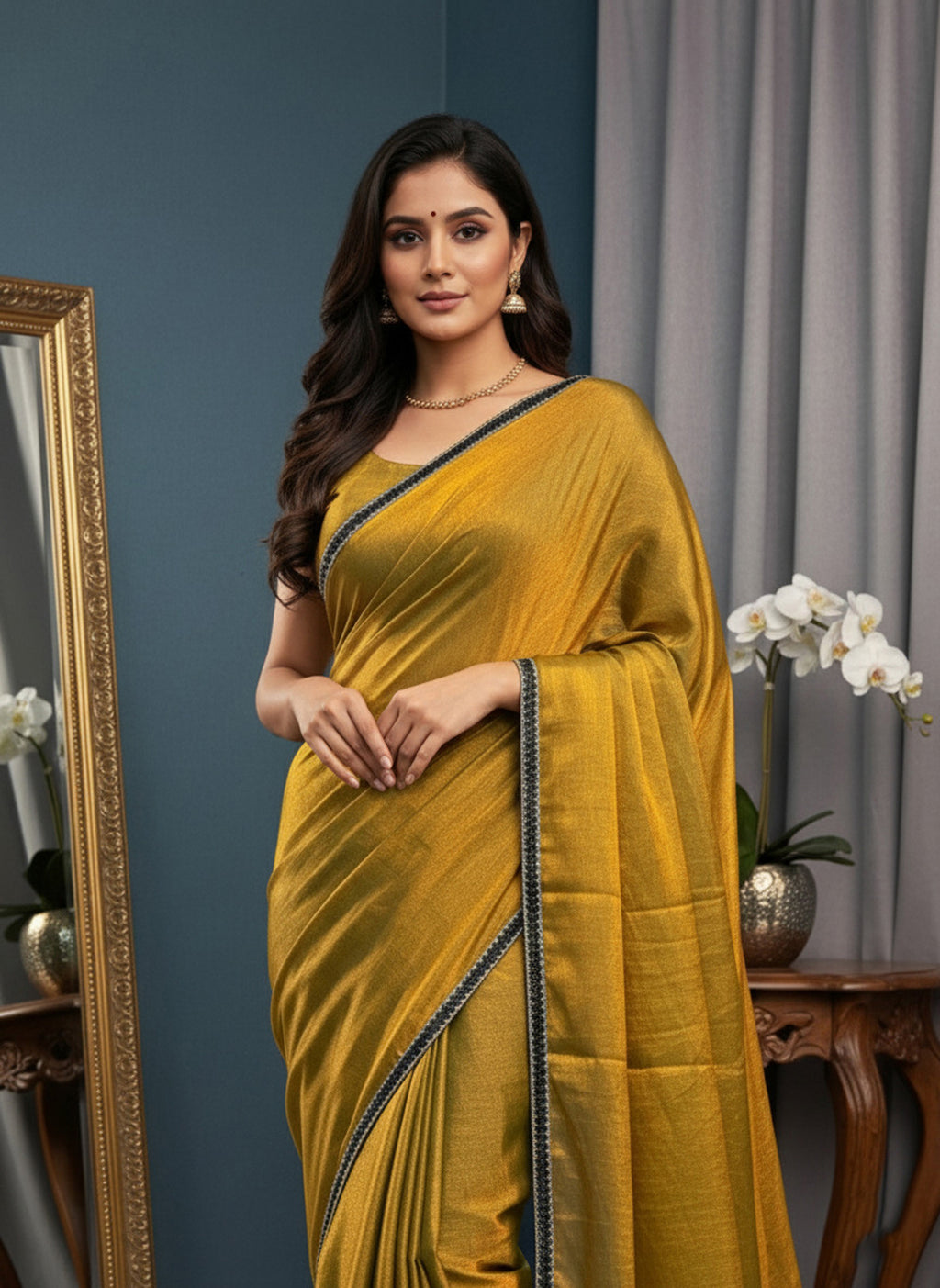 Party Wear Two-Tone Gold Saree with Delicate Beads and Stone Border