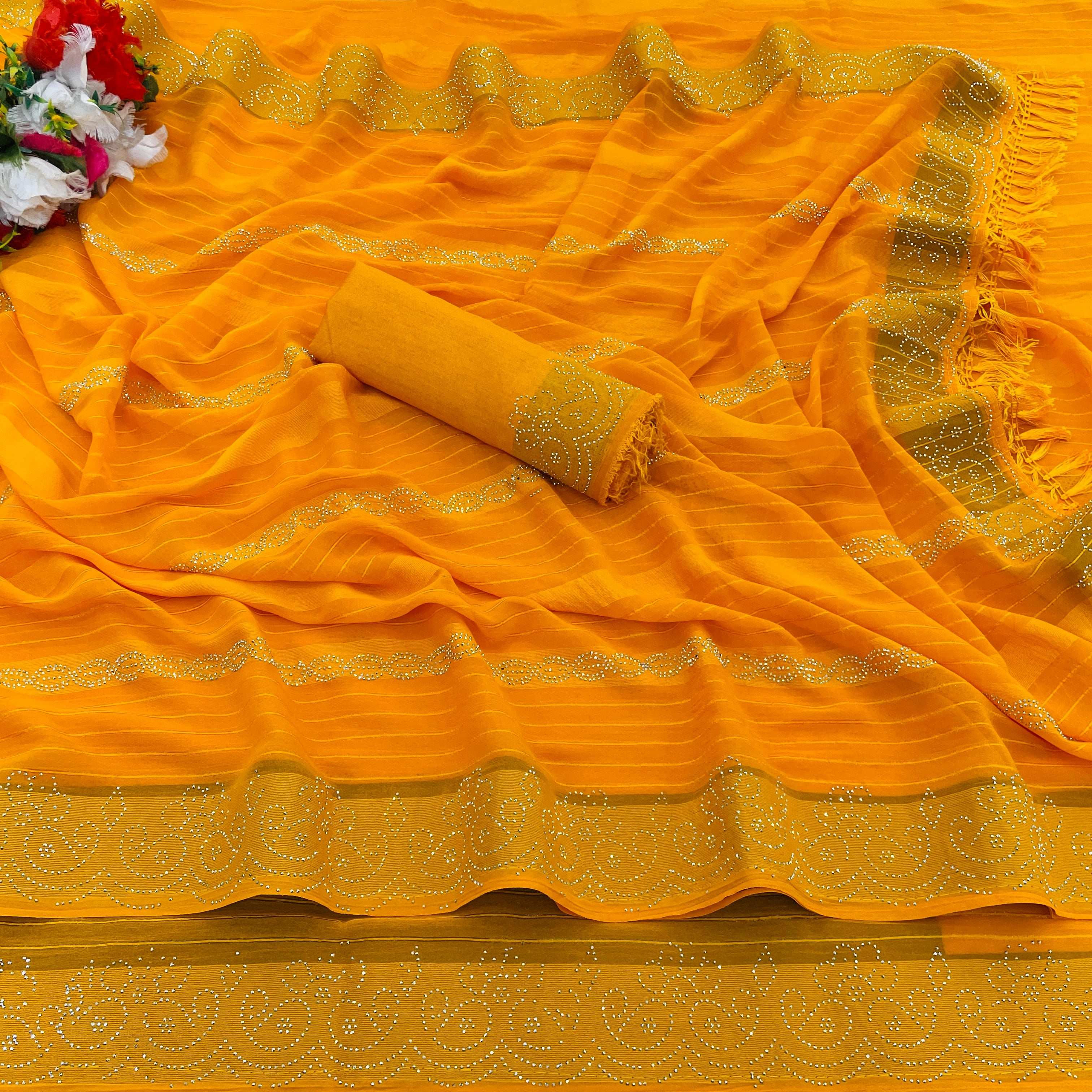 Georgette  Siroski Diamond Work Saree With Tassel