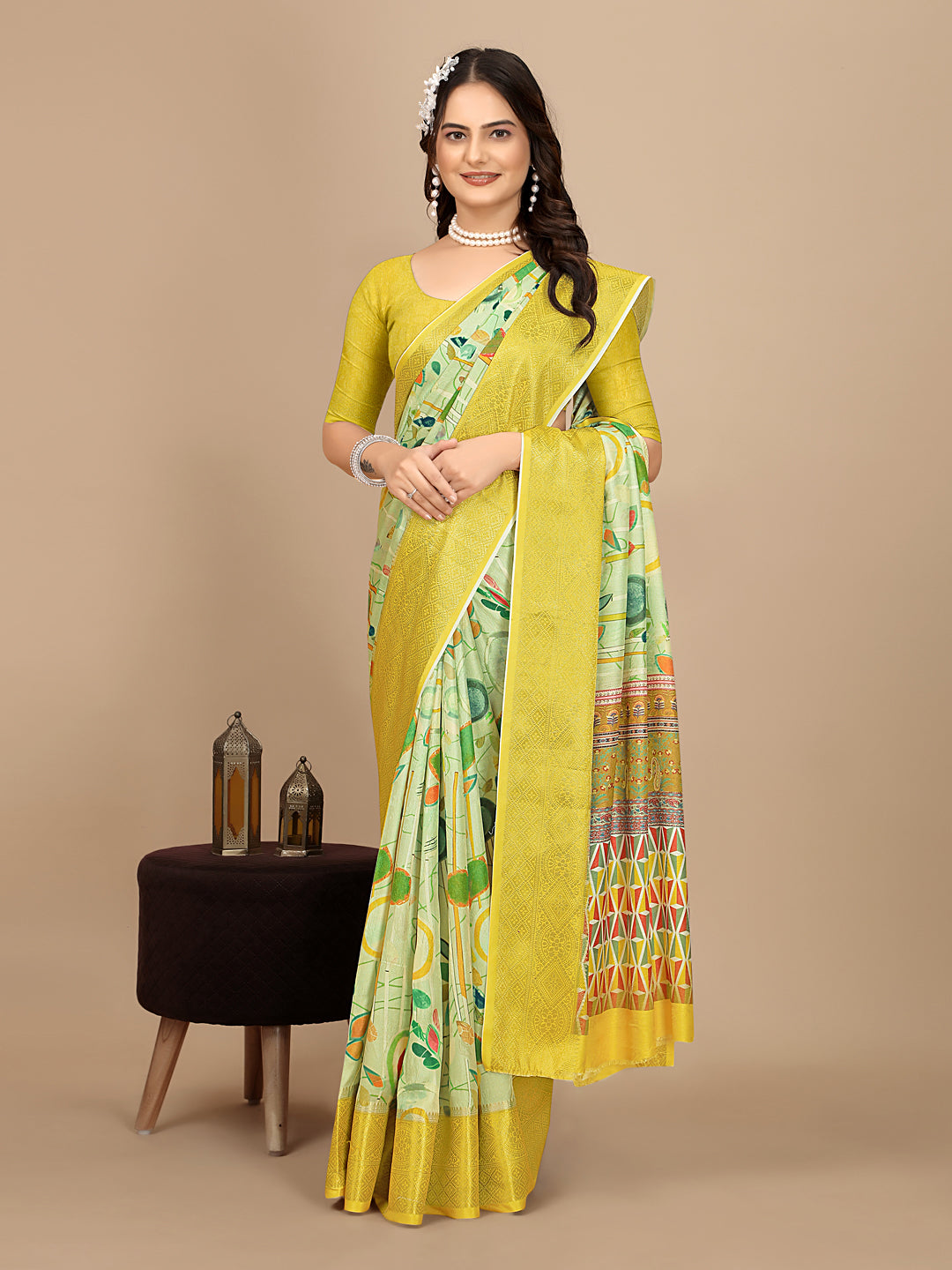 Moss Chiffon Digital Print Woven Border Saree