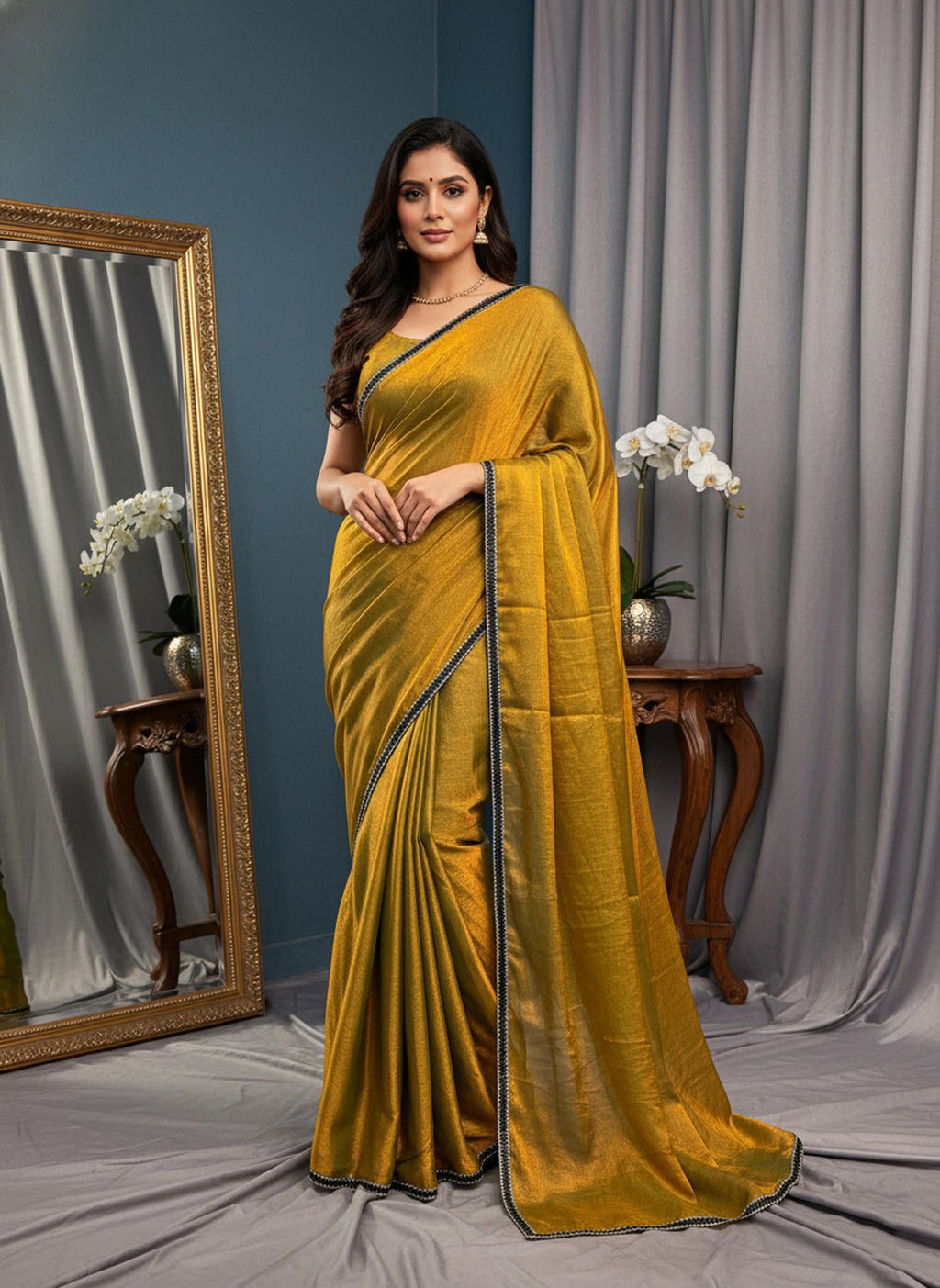 Party Wear Two-Tone Gold Saree with Delicate Beads and Stone Border