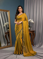 Party Wear Two-Tone Gold Saree with Delicate Beads and Stone Border